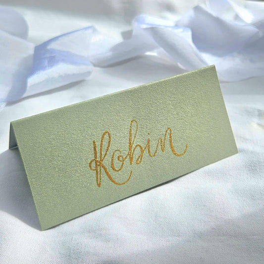 Handwritten Sage Green Place Cards | Gold Ink Tented Wedding Name Cards | Handwritten Calligraphy | Wedding | Place Names | Seating Plan