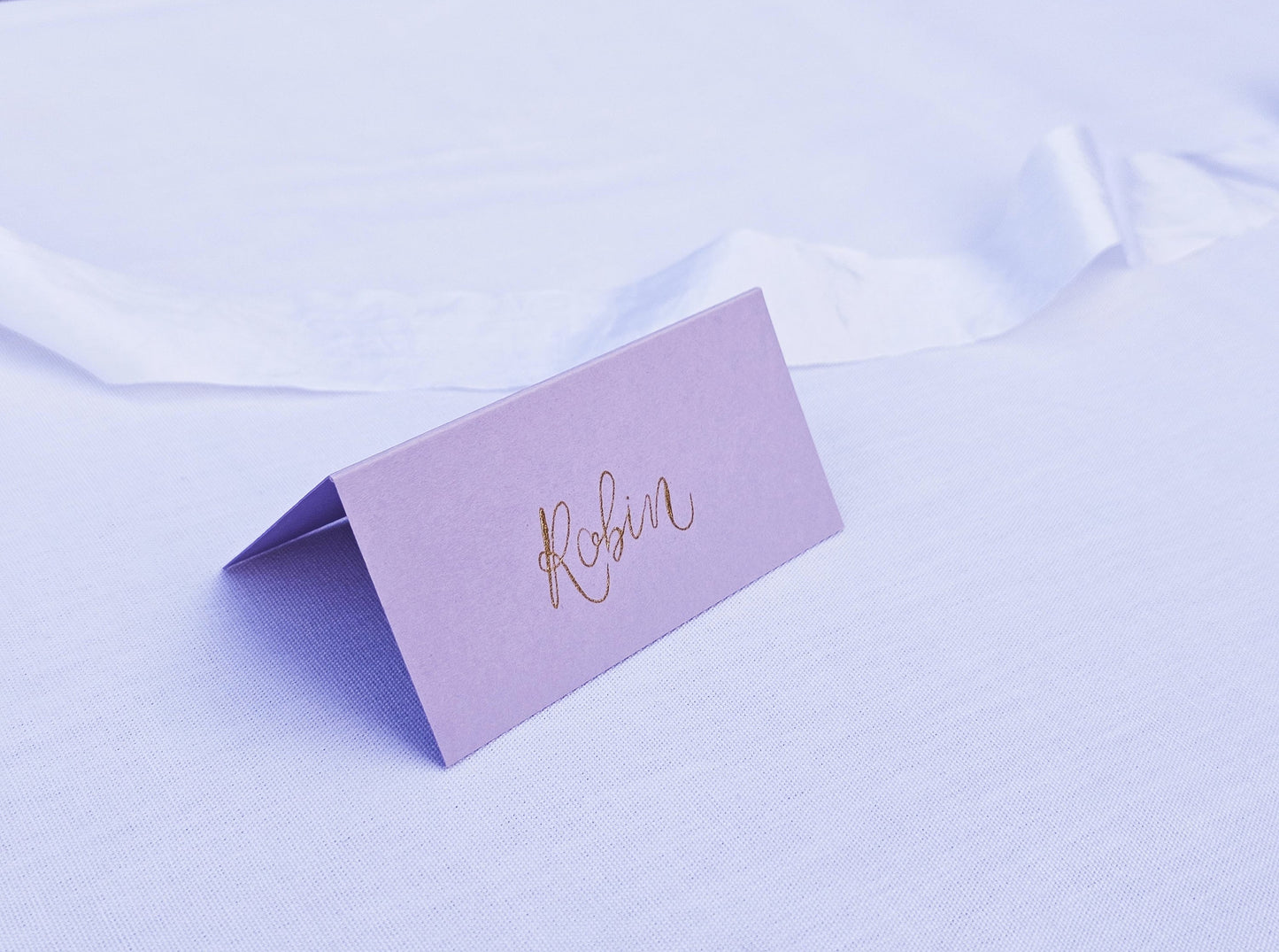 Lilac Wedding Place Names | Purple Tented Place Names | Rose Gold or Gold Ink Wedding Place Cards | Handwritten Calligraphy