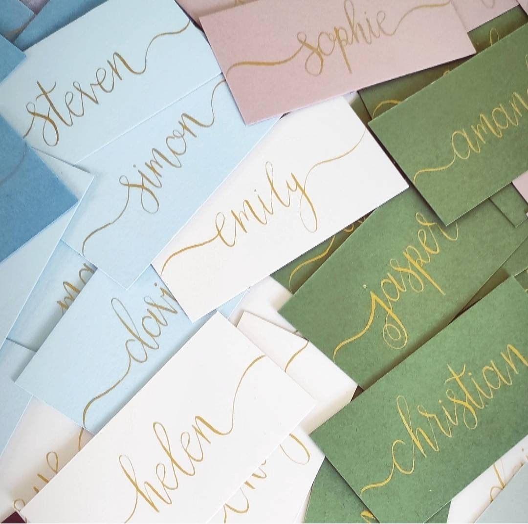 Handwritten Coloured Flat Place Names | Gold, Blush Pink, Blue, Green Wedding Place Cards | Gold Ink Calligraphy | Seating Plan | Wedding