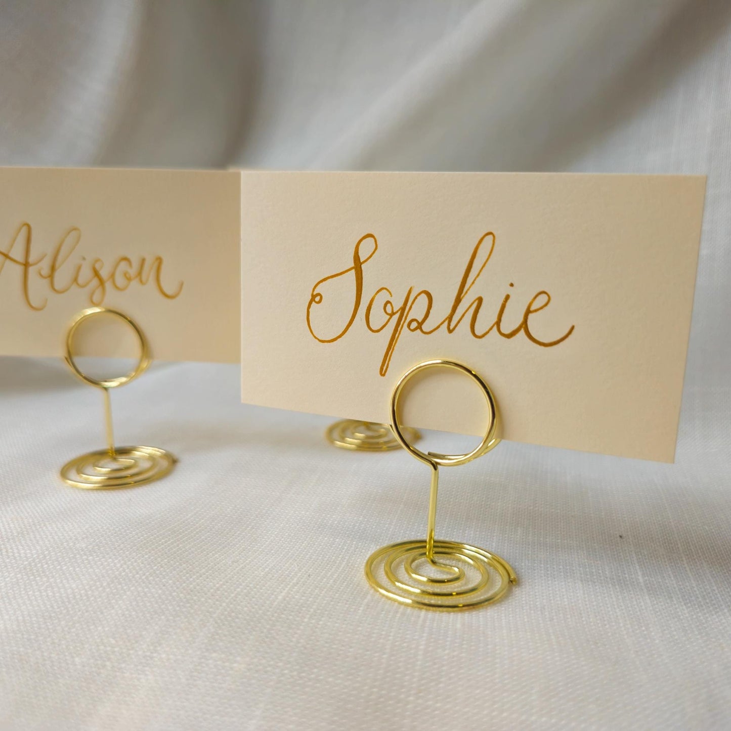 Gold Place Card with Holder: Ivory Calligraphy Wedding Table Decor