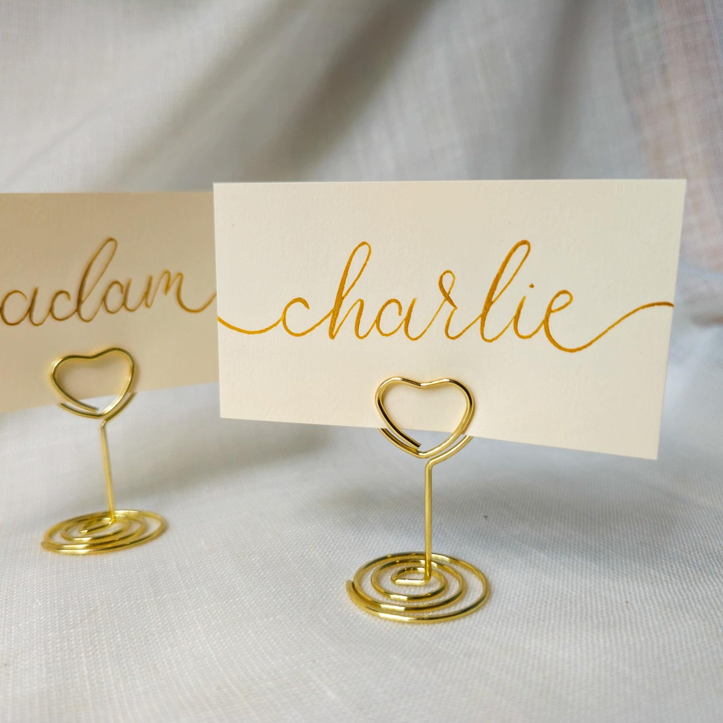 Place Name and Matching Holder, Heart Metal Wedding Name Card Stand, Ivory and Gold Calligraphy, Table Number or Photo Holder