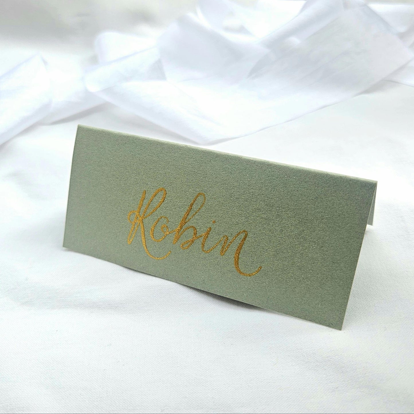 Handwritten Sage Green Place Cards | Gold Ink Tented Wedding Name Cards | Handwritten Calligraphy | Wedding | Place Names | Seating Plan