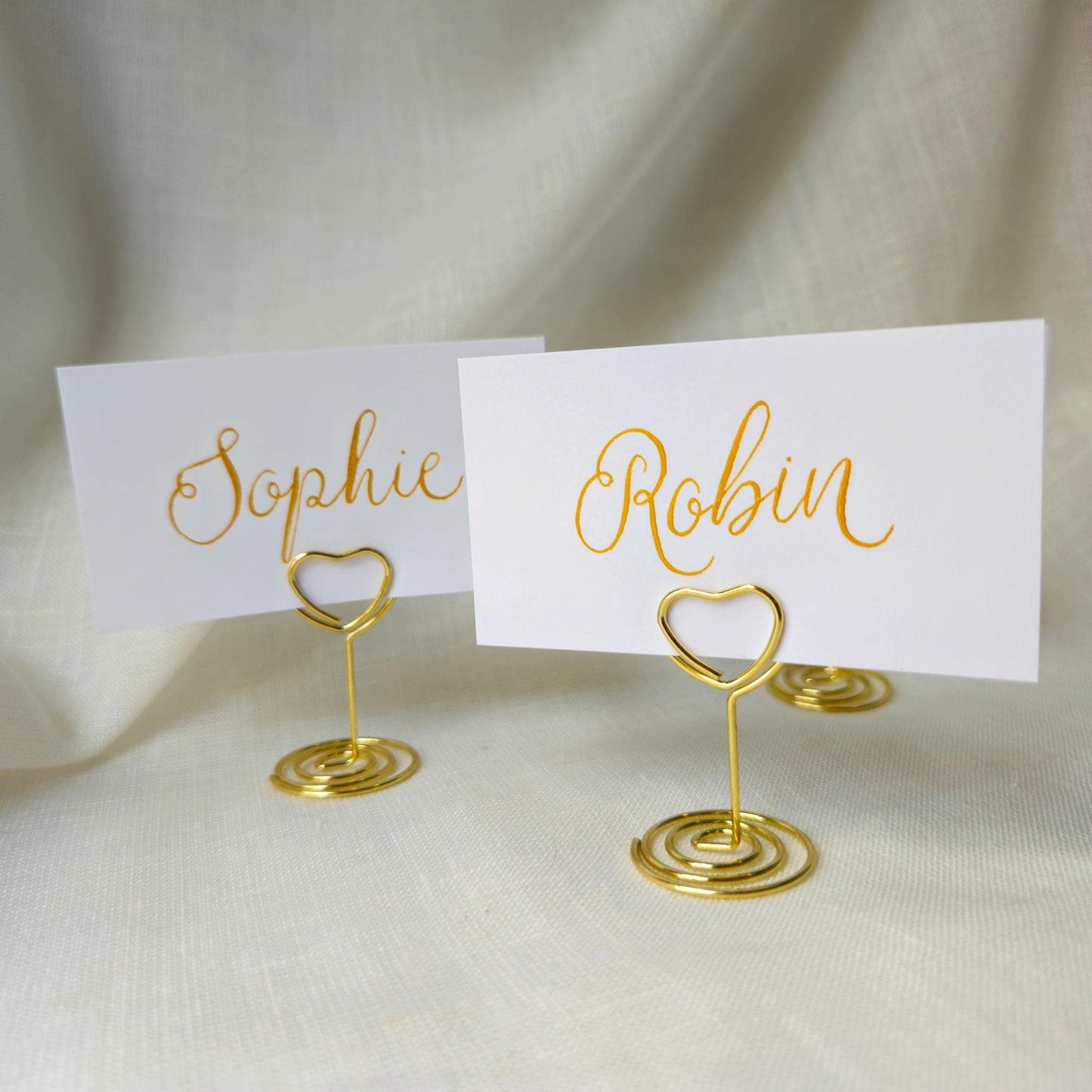 Place Name and Matching Holder, Heart Metal Wedding Name Card Stand, White and Gold Calligraphy, Table Number or Photo Holder