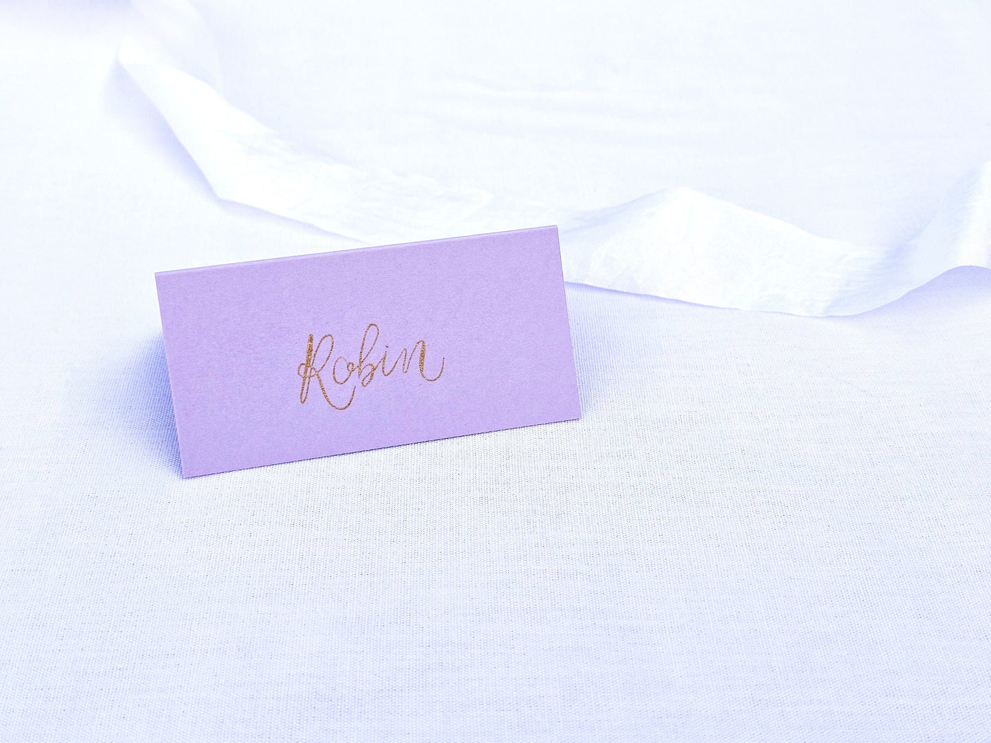 Lilac Wedding Place Names | Purple Tented Place Names | Rose Gold or Gold Ink Wedding Place Cards | Handwritten Calligraphy