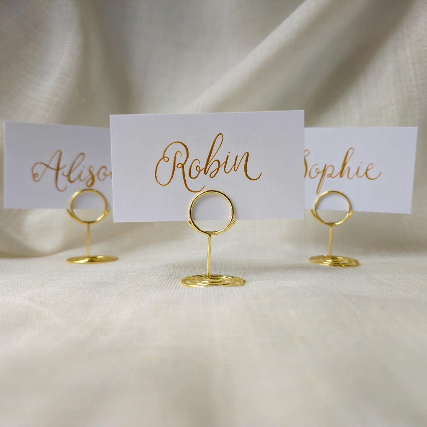 Handwritten Gold Place Card with Metal Place Name Holder | Calligraphy Wedding Place Card | Table Plan