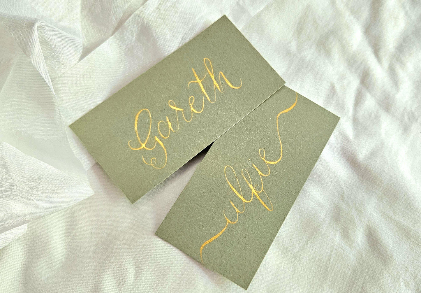 Handwritten Sage Green Wedding Place Names | Modern Calligraphy Flat Place Cards | Handwritten Calligraphy | Green and Gold Place Cards