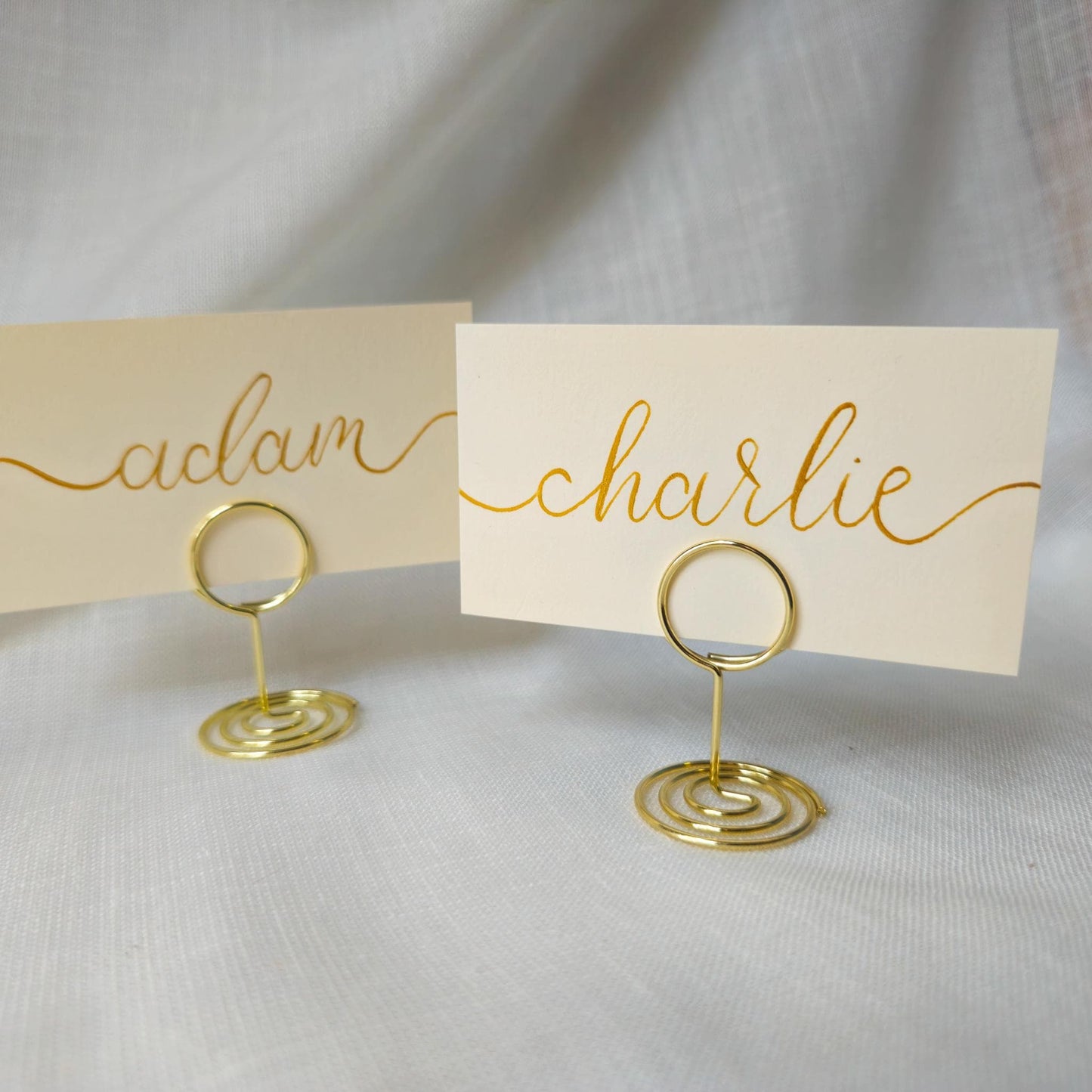 Place Name and Matching Holder, Round Circle Metal Wedding Name Card Stand, Ivory and Gold Calligraphy, Table Number or Photo Holder
