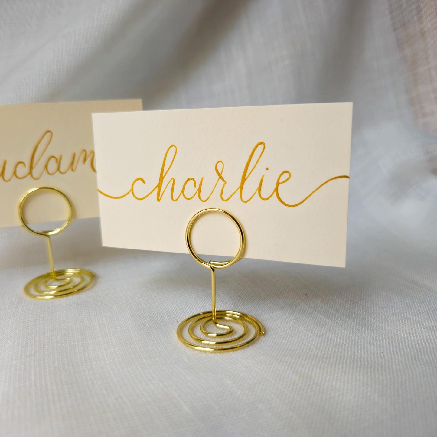 Place Name and Matching Holder, Round Circle Metal Wedding Name Card Stand, Ivory and Gold Calligraphy, Table Number or Photo Holder