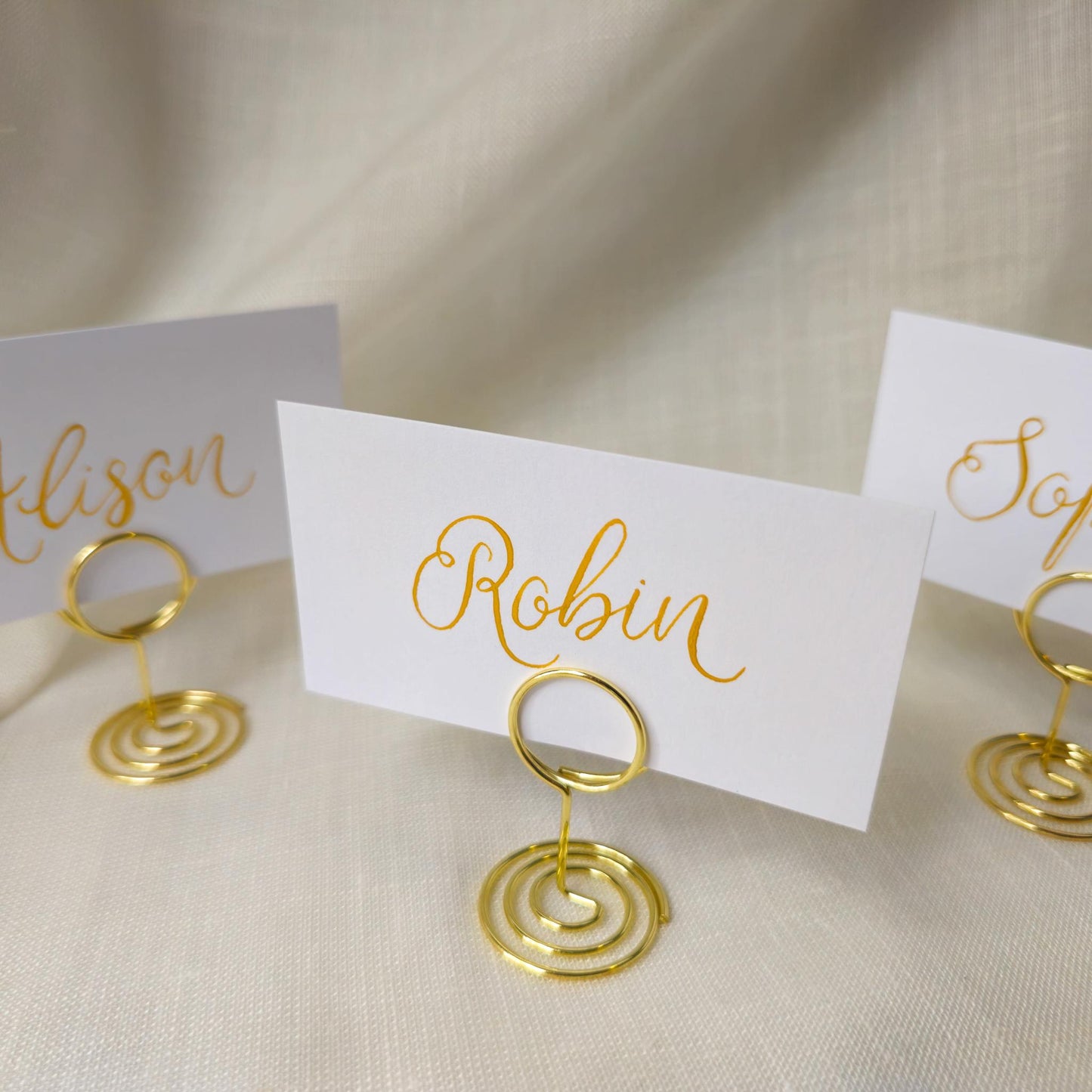 Handwritten Gold Place Card with Metal Place Name Holder | Calligraphy Wedding Place Card | Table Plan