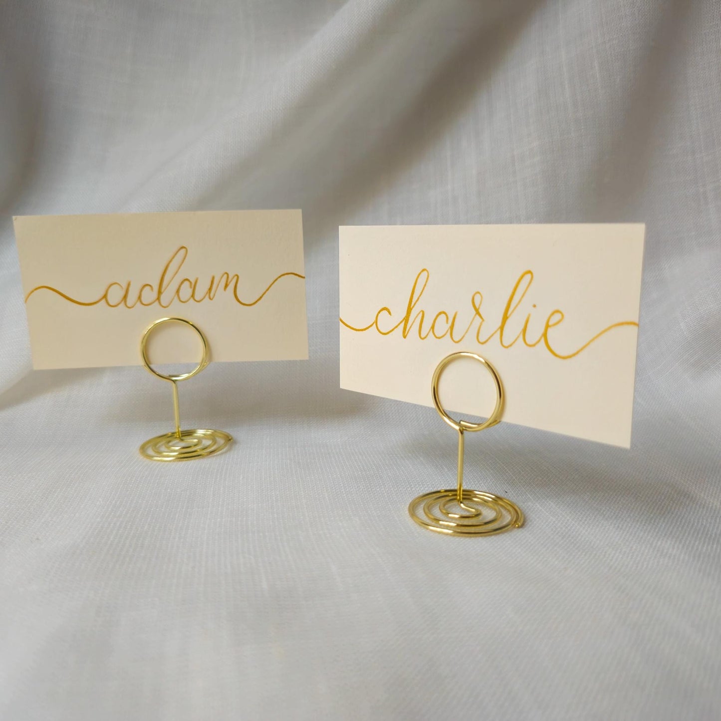 Place Name and Matching Holder, Round Circle Metal Wedding Name Card Stand, Ivory and Gold Calligraphy, Table Number or Photo Holder