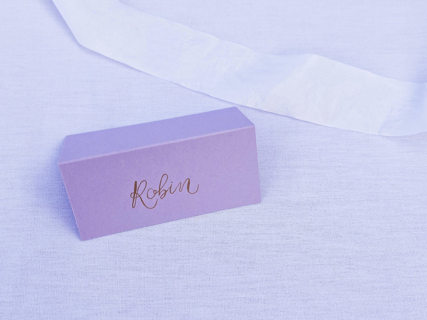 Lilac Wedding Place Names | Purple Tented Place Names | Rose Gold or Gold Ink Wedding Place Cards | Handwritten Calligraphy