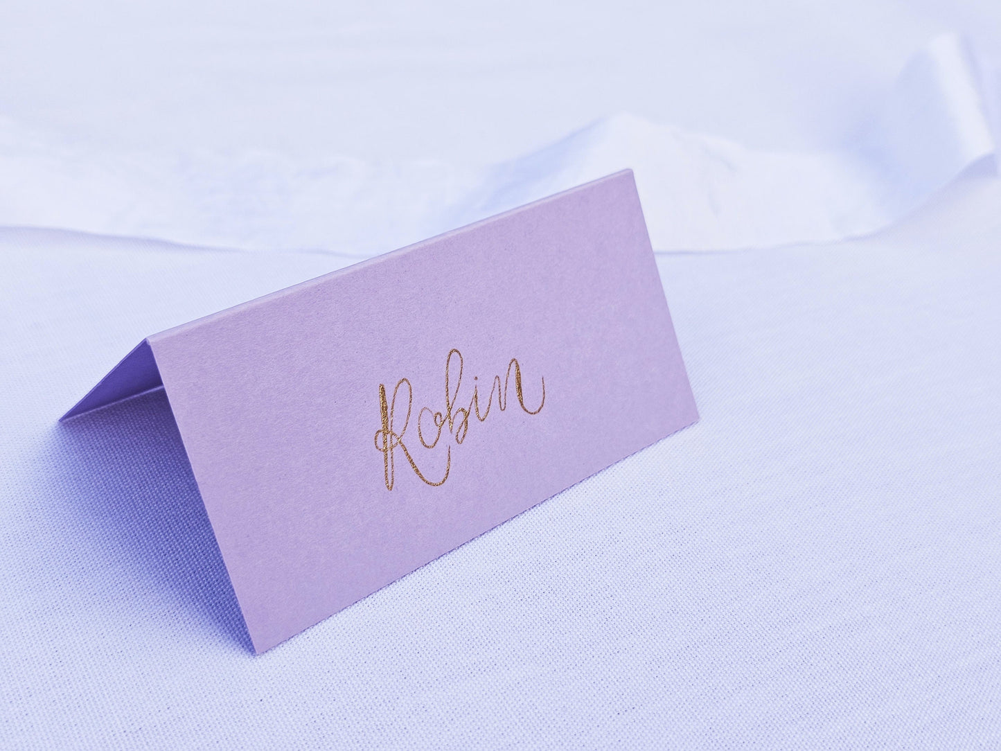 Lilac Wedding Place Names | Purple Tented Place Names | Rose Gold or Gold Ink Wedding Place Cards | Handwritten Calligraphy