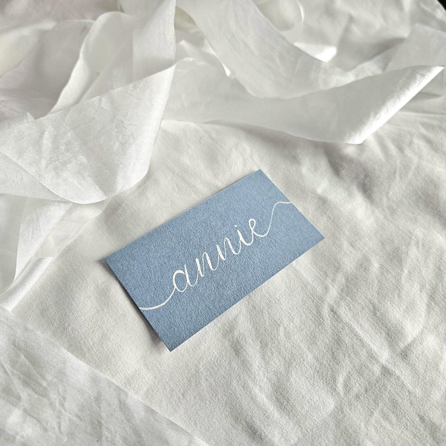 Dusty Blue Wedding Place Names | Modern Calligraphy Flat Place Cards | Handwritten Calligraphy | Blue and Gold Place Cards