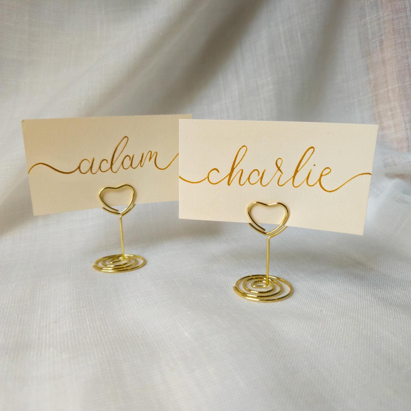 Place Name and Matching Holder, Heart Metal Wedding Name Card Stand, Ivory and Gold Calligraphy, Table Number or Photo Holder