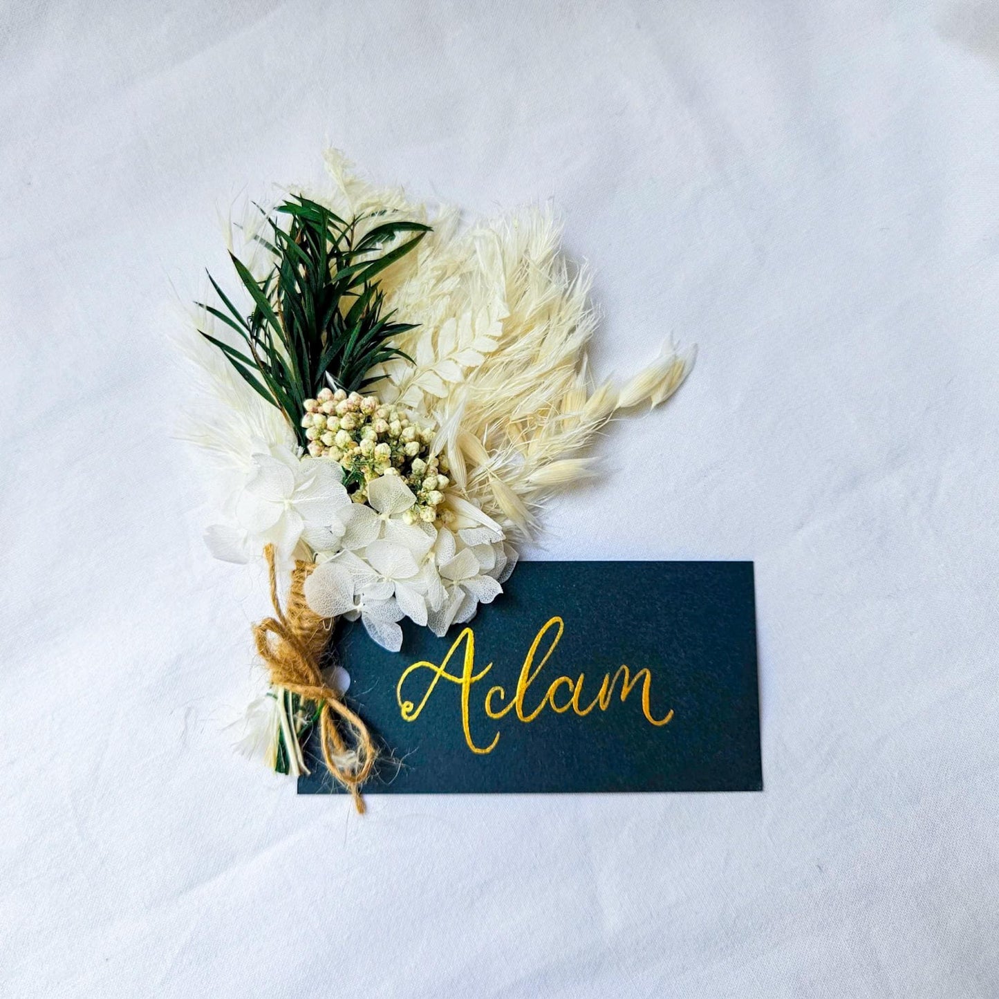 Mini Dried Flower Bouquet with Wedding Place Name in Handwritten Calligraphy – Rustic Table Decor, Pine Green and White Personalised Favour