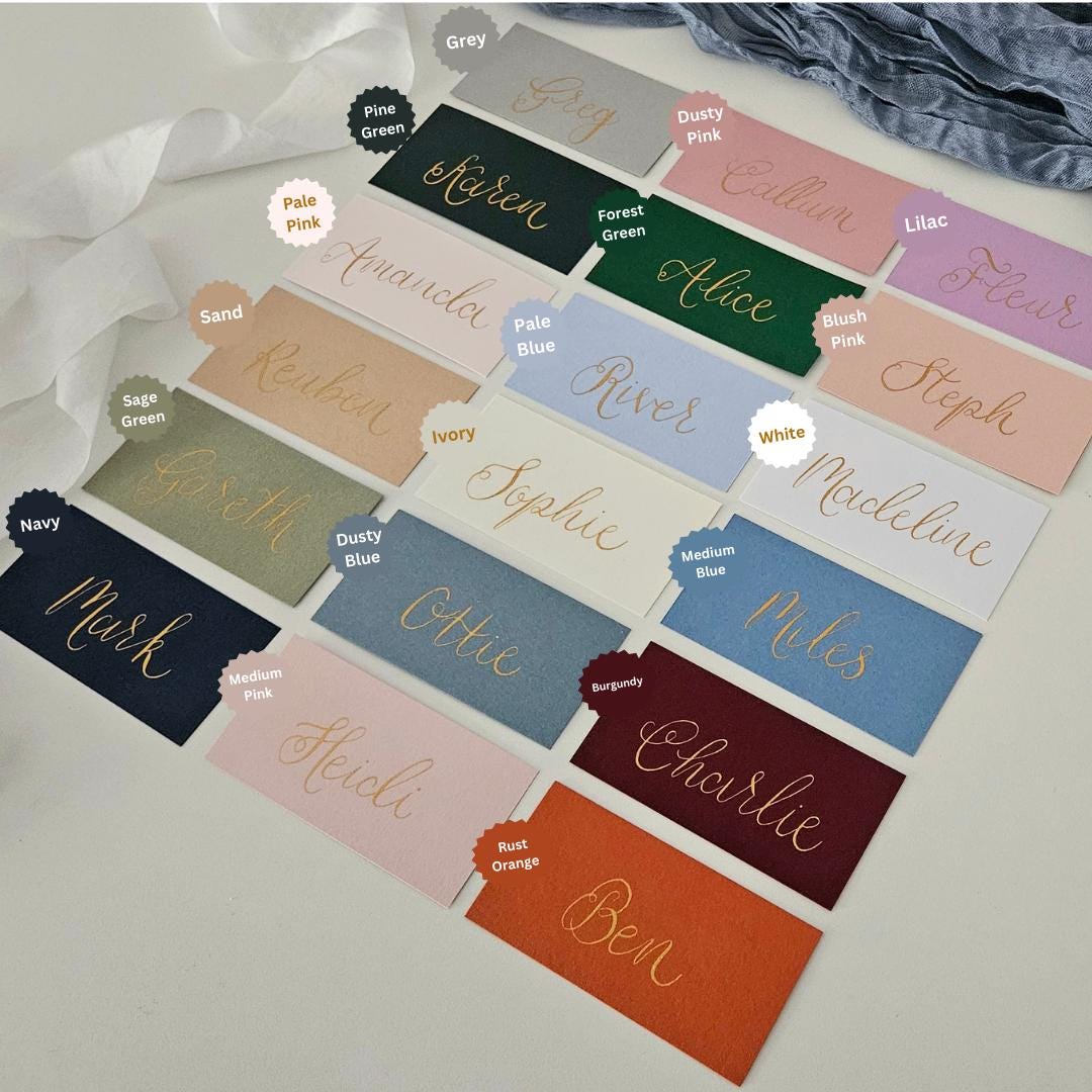 Handwritten Sage Green Wedding Place Names | Modern Calligraphy Flat Place Cards | Handwritten Calligraphy | Green and Gold Place Cards