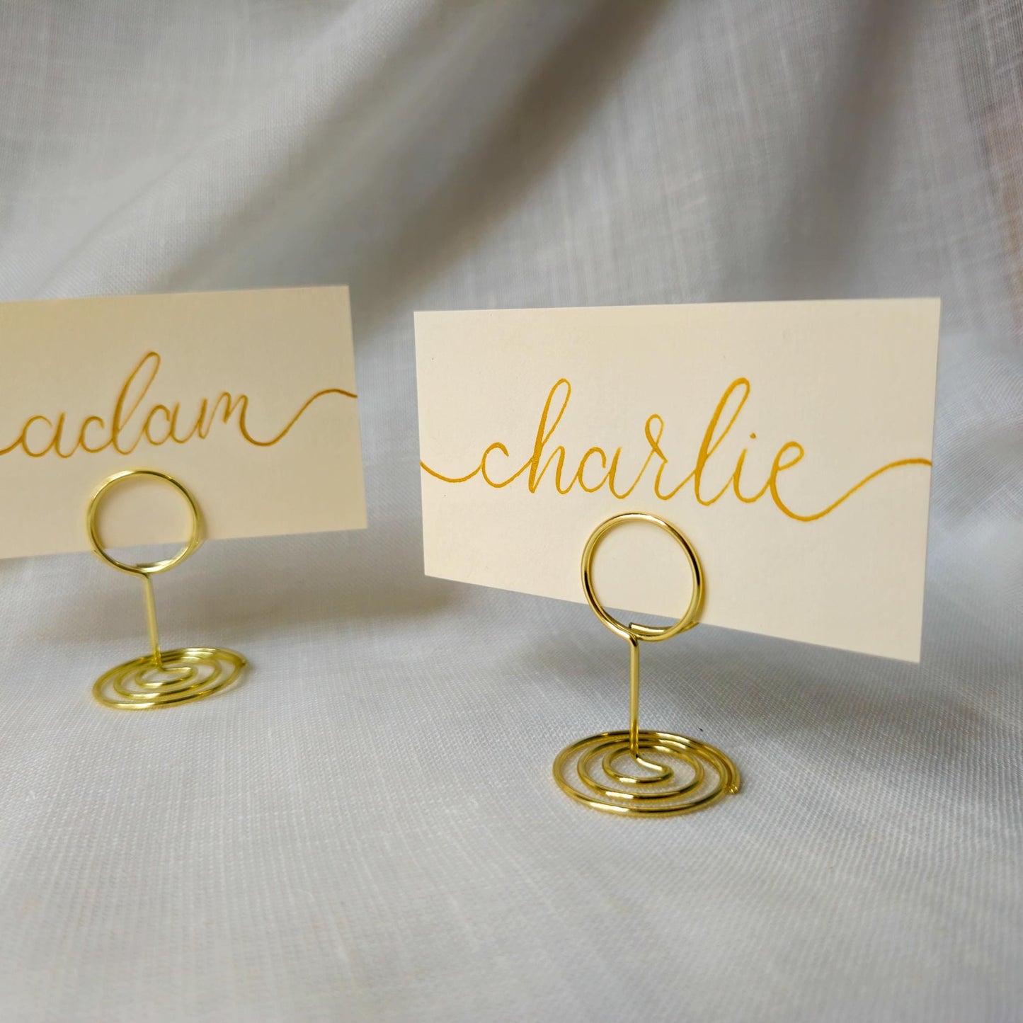 Place Name and Matching Holder, Round Circle Metal Wedding Name Card Stand, Ivory and Gold Calligraphy, Table Number or Photo Holder