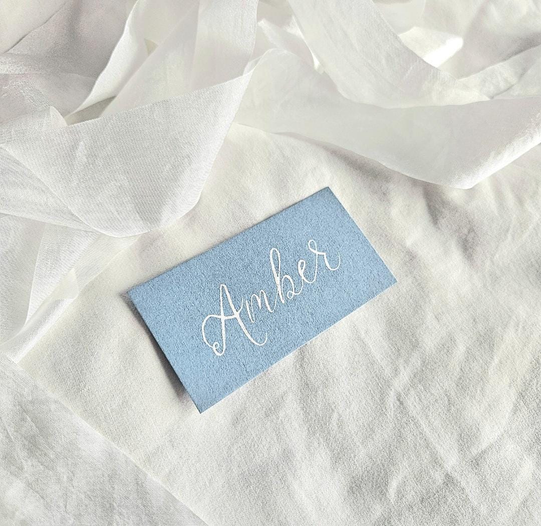 Dusty Blue Wedding Place Names | Modern Calligraphy Flat Place Cards | Handwritten Calligraphy | Blue and Gold Place Cards