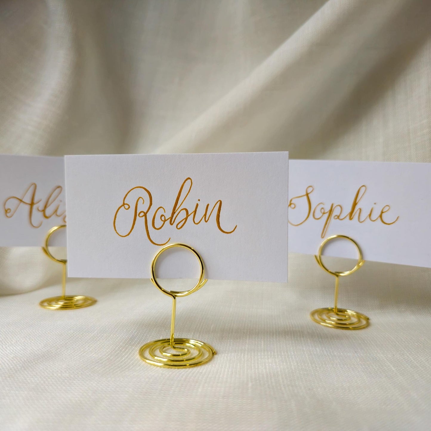Handwritten Gold Place Card with Metal Place Name Holder | Calligraphy Wedding Place Card | Table Plan