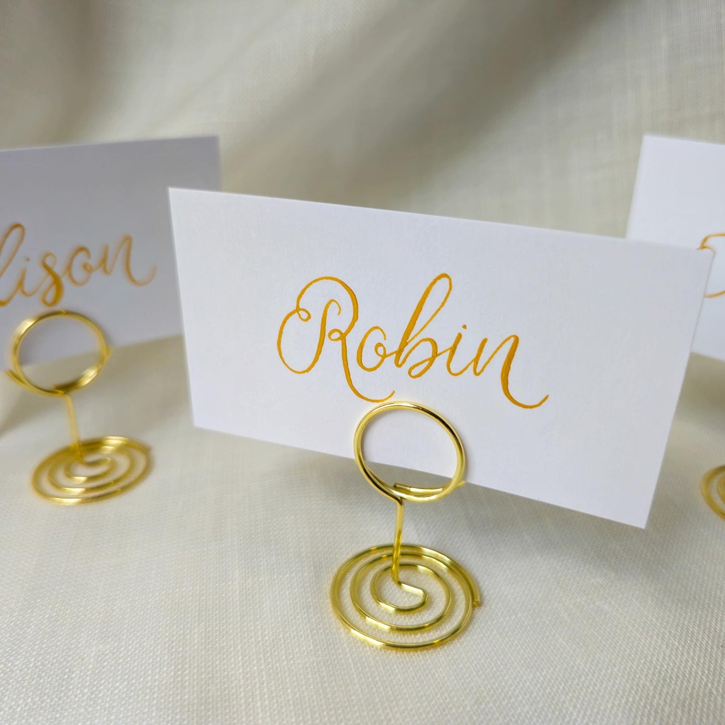 Handwritten Gold Place Card with Metal Place Name Holder | Calligraphy Wedding Place Card | Table Plan