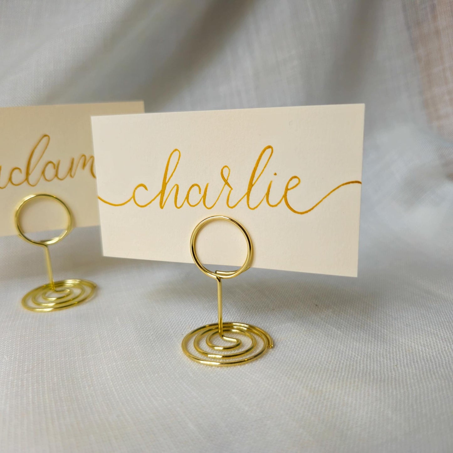 Place Name and Matching Holder, Round Circle Metal Wedding Name Card Stand, Ivory and Gold Calligraphy, Table Number or Photo Holder
