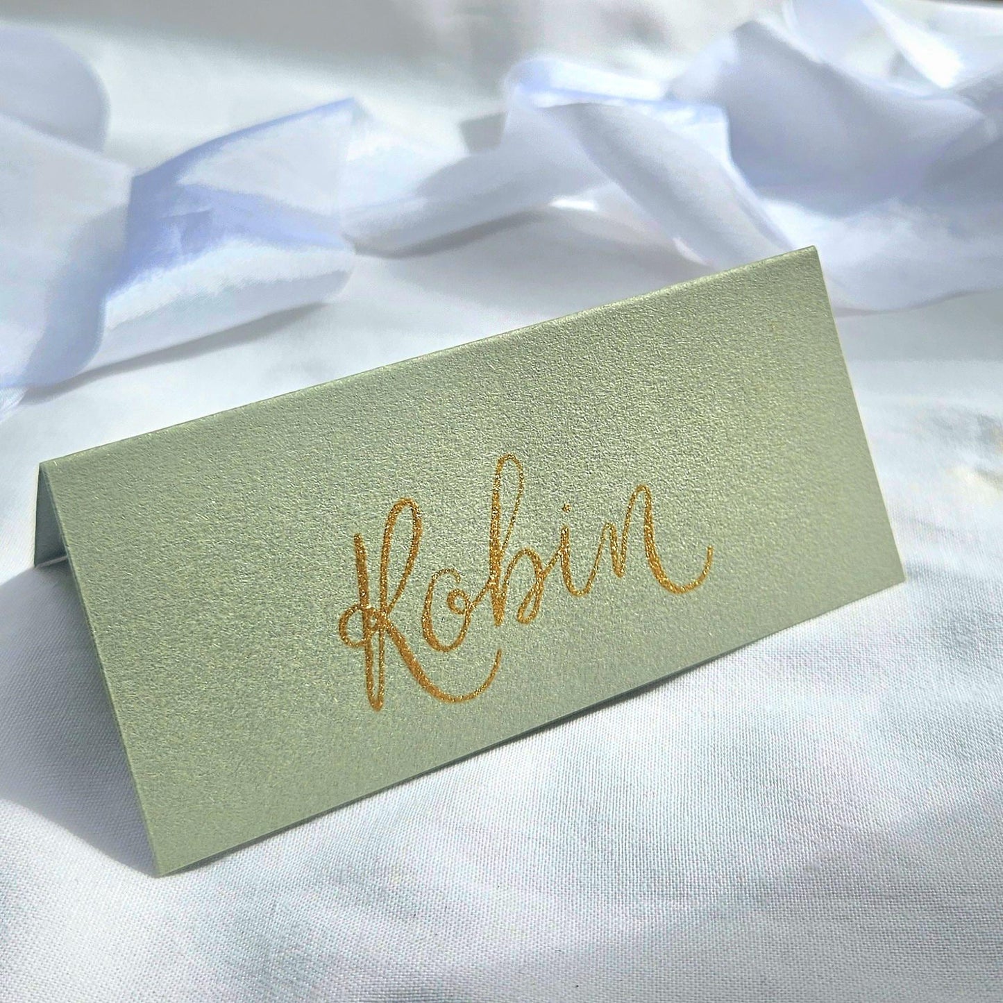 Handwritten Sage Green Place Cards | Gold Ink Tented Wedding Name Cards | Handwritten Calligraphy | Wedding | Place Names | Seating Plan