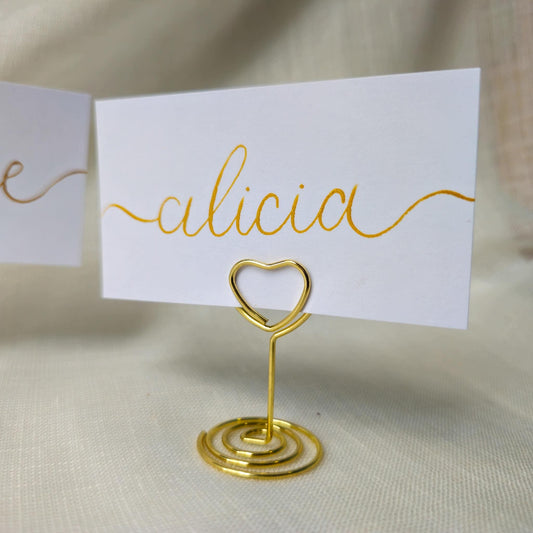 Place Name and Matching Holder, Heart Metal Wedding Name Card Stand, White and Gold Calligraphy, Table Number, Wedding Table