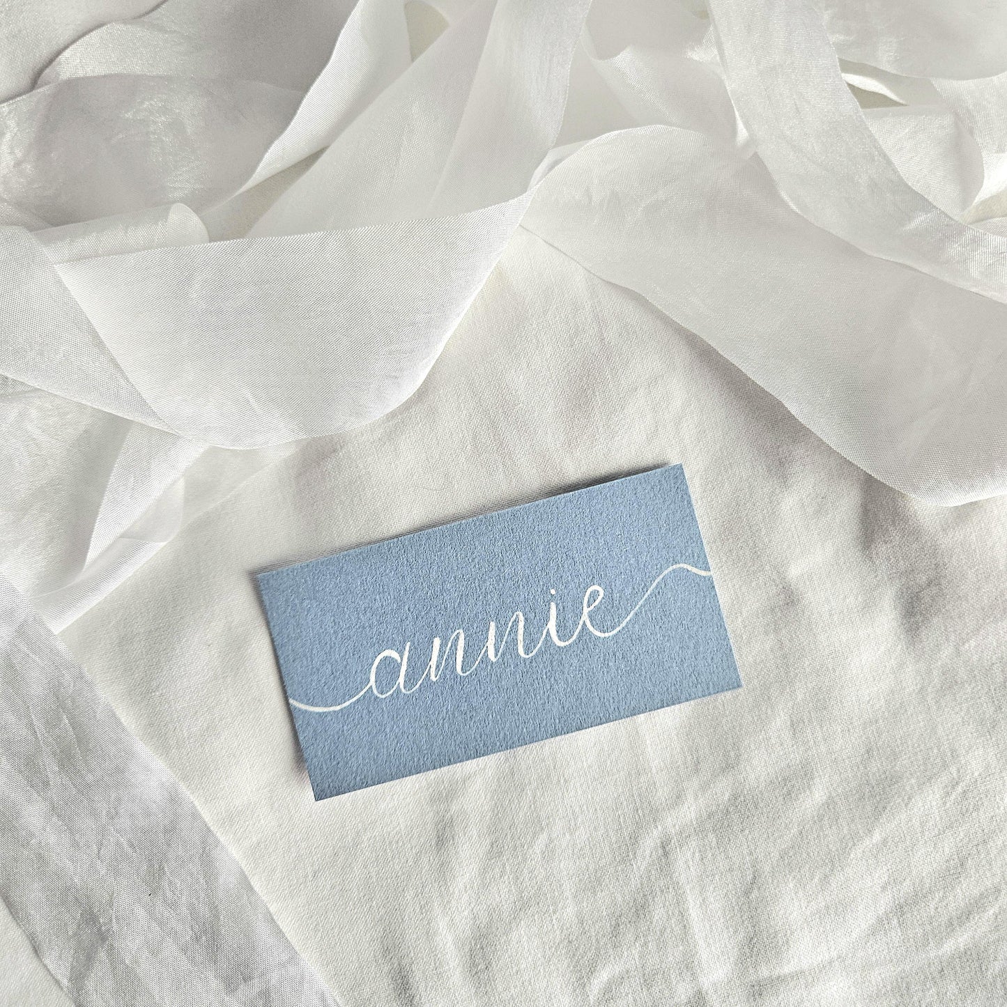 Dusty Blue Wedding Place Names | Modern Calligraphy Flat Place Cards | Handwritten Calligraphy | Blue and Gold Place Cards