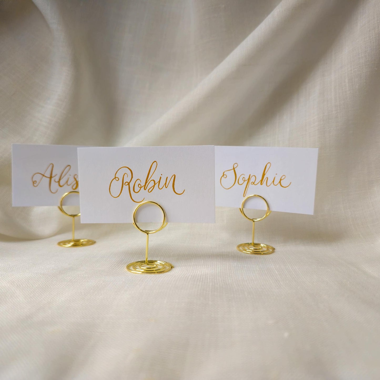 Handwritten Gold Place Card with Metal Place Name Holder | Calligraphy Wedding Place Card | Table Plan