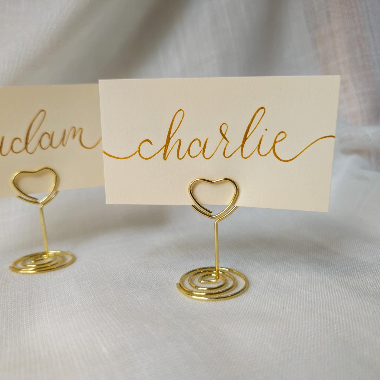Place Name and Matching Holder, Heart Metal Wedding Name Card Stand, Ivory and Gold Calligraphy, Table Number or Photo Holder