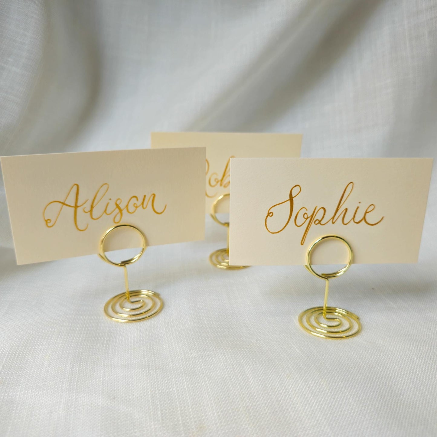 Gold Place Card with Holder: Ivory Calligraphy Wedding Table Decor