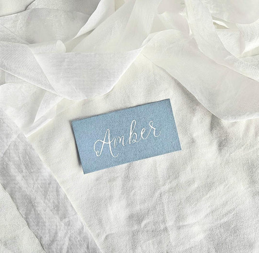 Dusty Blue Wedding Place Names | Modern Calligraphy Flat Place Cards | Handwritten Calligraphy | Blue and Gold Place Cards