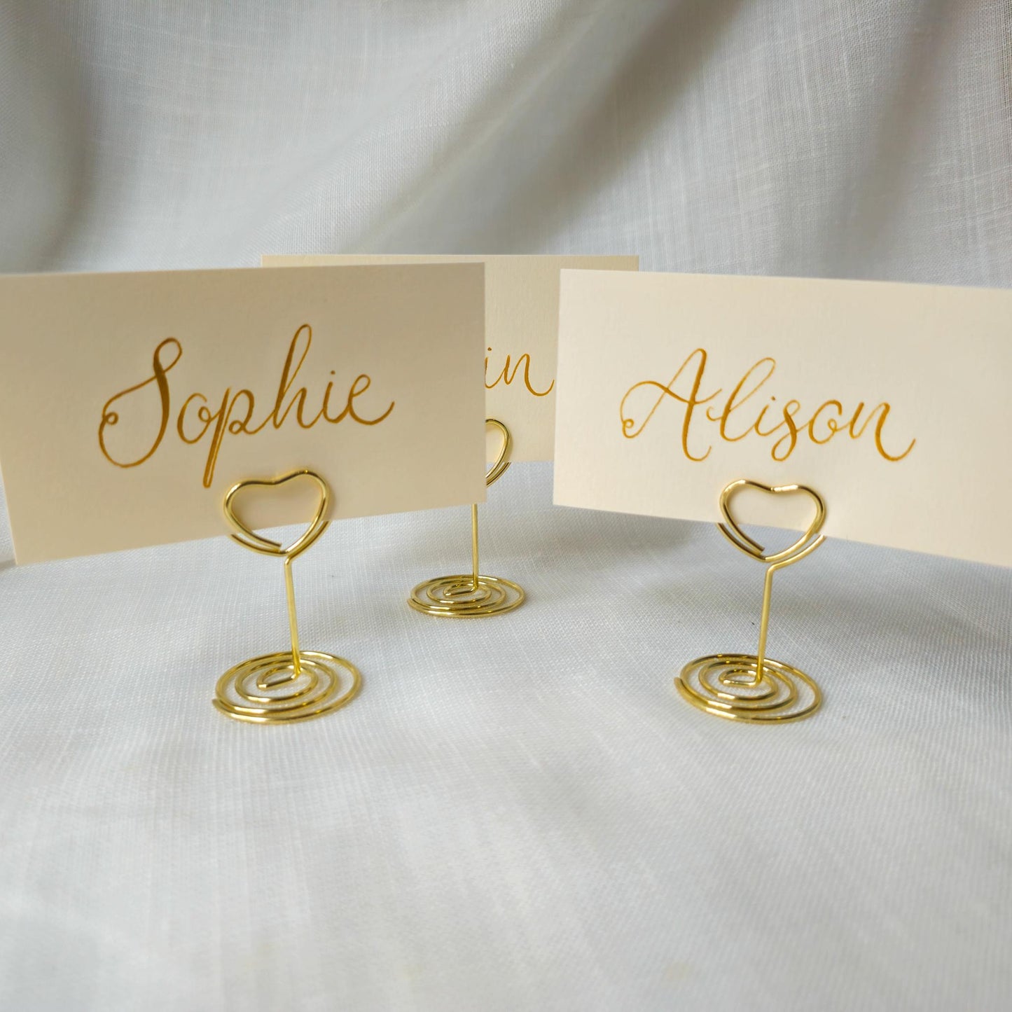 Place Name and Matching Holder, Heart Metal Wedding Name Card Stand, Ivory and Gold Calligraphy, Table Number or Photo Holder