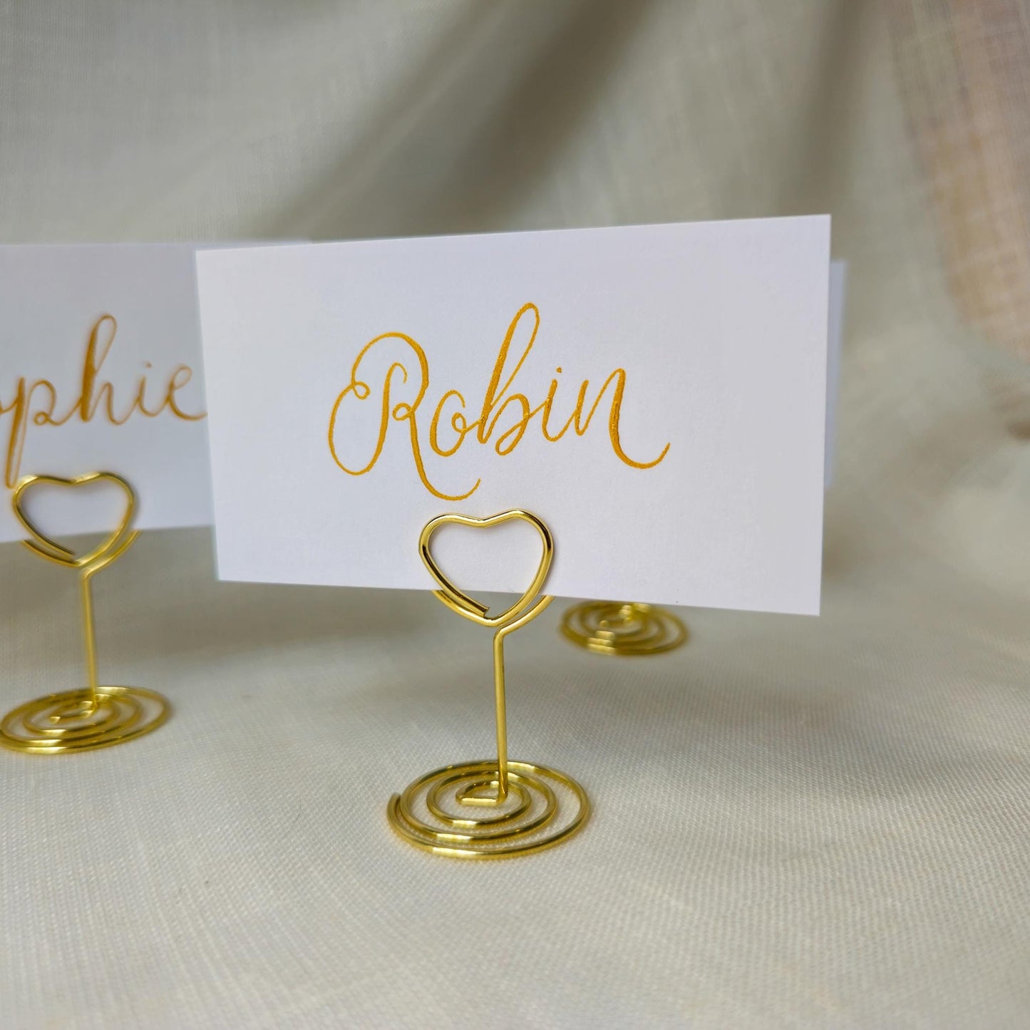 Place Name and Matching Holder, Heart Metal Wedding Name Card Stand, White and Gold Calligraphy, Table Number or Photo Holder