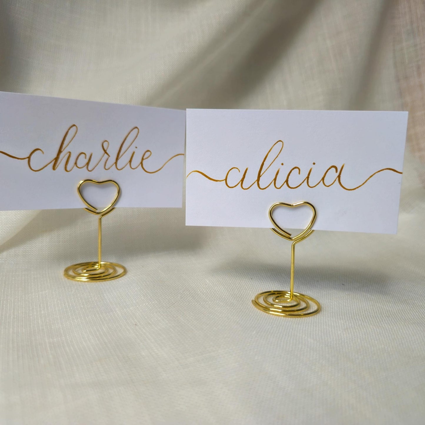 Place Name and Matching Holder, Heart Metal Wedding Name Card Stand, White and Gold Calligraphy, Table Number, Wedding Table