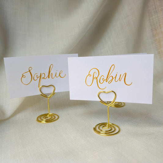 Place Name and Matching Holder, Heart Metal Wedding Name Card Stand, White and Gold Calligraphy, Table Number or Photo Holder