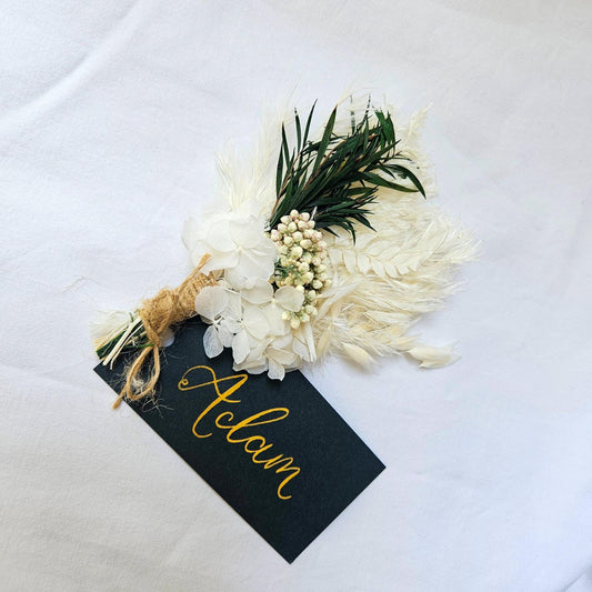 Mini Dried Flower Bouquet with Wedding Place Name in Handwritten Calligraphy – Rustic Table Decor, Pine Green and White Personalised Favour
