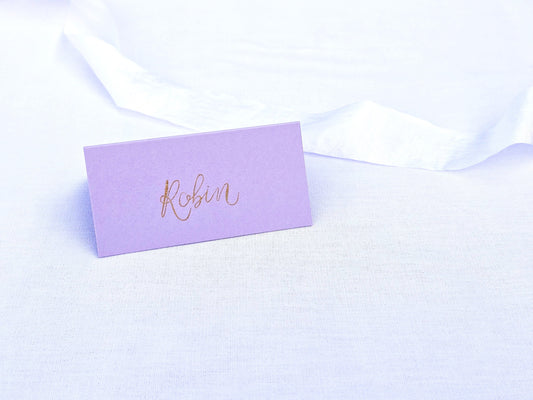 Lilac Wedding Place Names | Purple Tented Place Names | Rose Gold or Gold Ink Wedding Place Cards | Handwritten Calligraphy