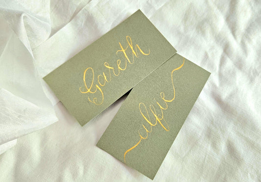 Handwritten Sage Green Wedding Place Names | Modern Calligraphy Flat Place Cards | Handwritten Calligraphy | Green and Gold Place Cards
