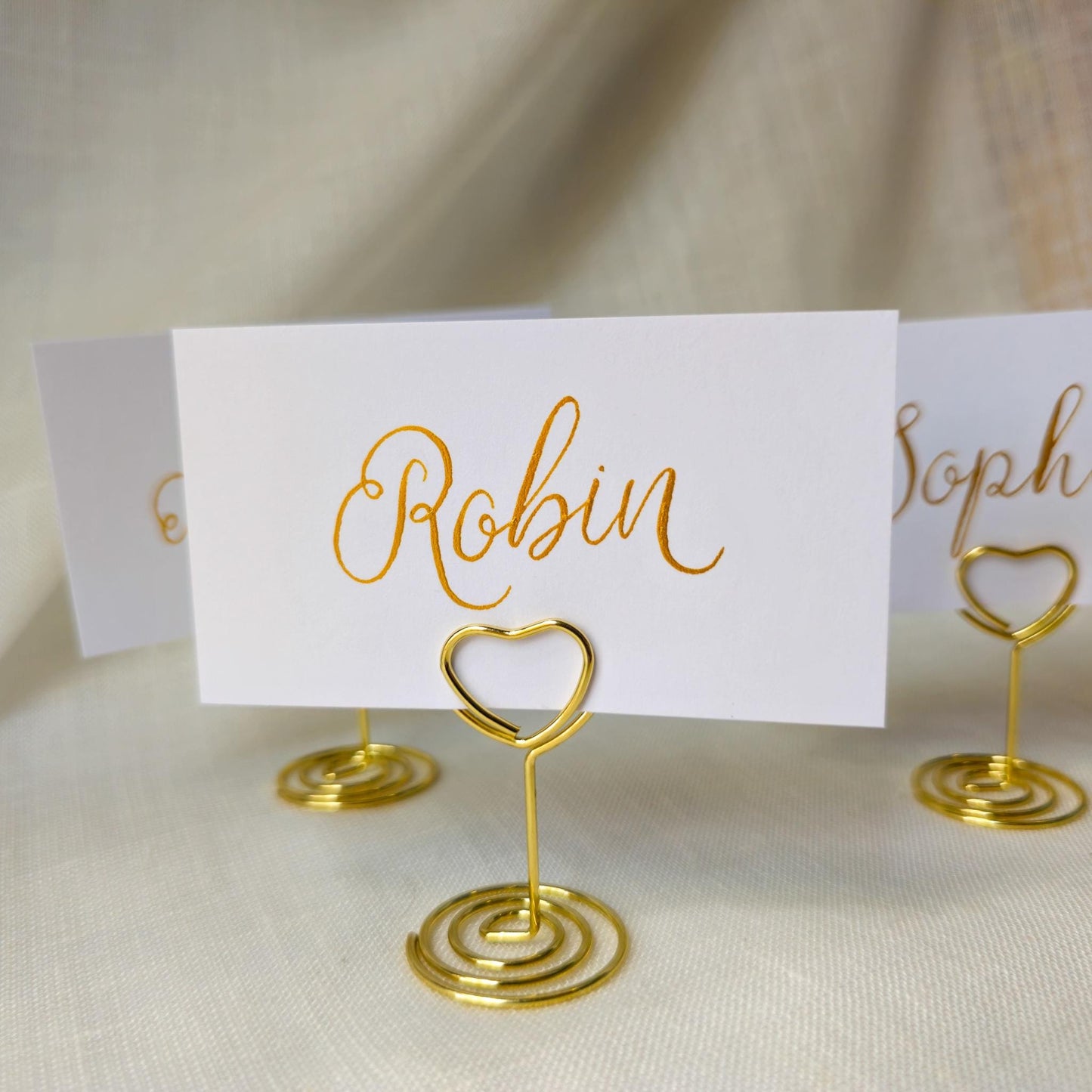 Place Name and Matching Holder, Heart Metal Wedding Name Card Stand, White and Gold Calligraphy, Table Number or Photo Holder