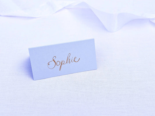 Light Blue Wedding Place Names | Baby Blue Tented Place Names | Gold Ink Pastel Blue Wedding Place Cards | Handwritten Calligraphy