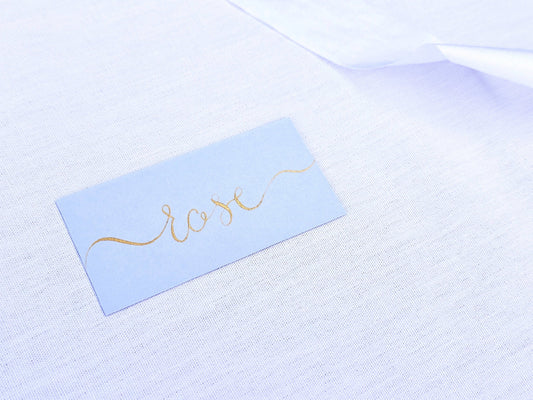 Light Blue Wedding Place Names | Modern Calligraphy Flat Place Cards | Handwritten Calligraphy | Blue and Gold Place Cards
