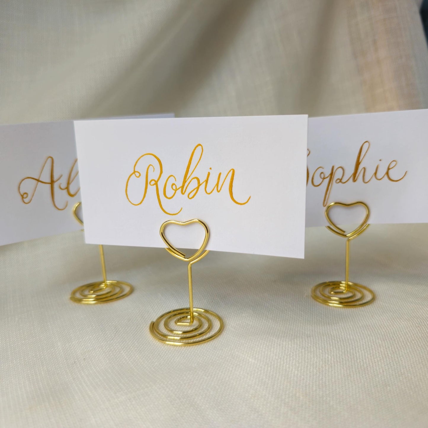 Place Name and Matching Holder, Heart Metal Wedding Name Card Stand, White and Gold Calligraphy, Table Number or Photo Holder