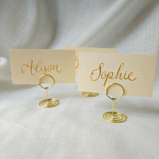 Gold Place Card with Holder: Ivory Calligraphy Wedding Table Decor
