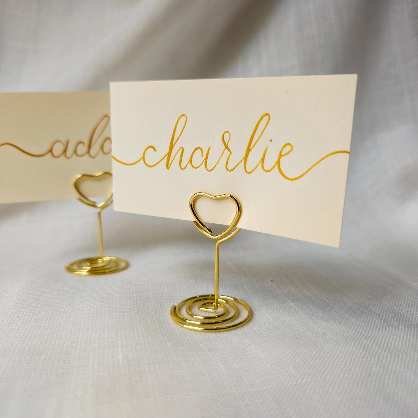 Place Name and Matching Holder, Heart Metal Wedding Name Card Stand, Ivory and Gold Calligraphy, Table Number or Photo Holder