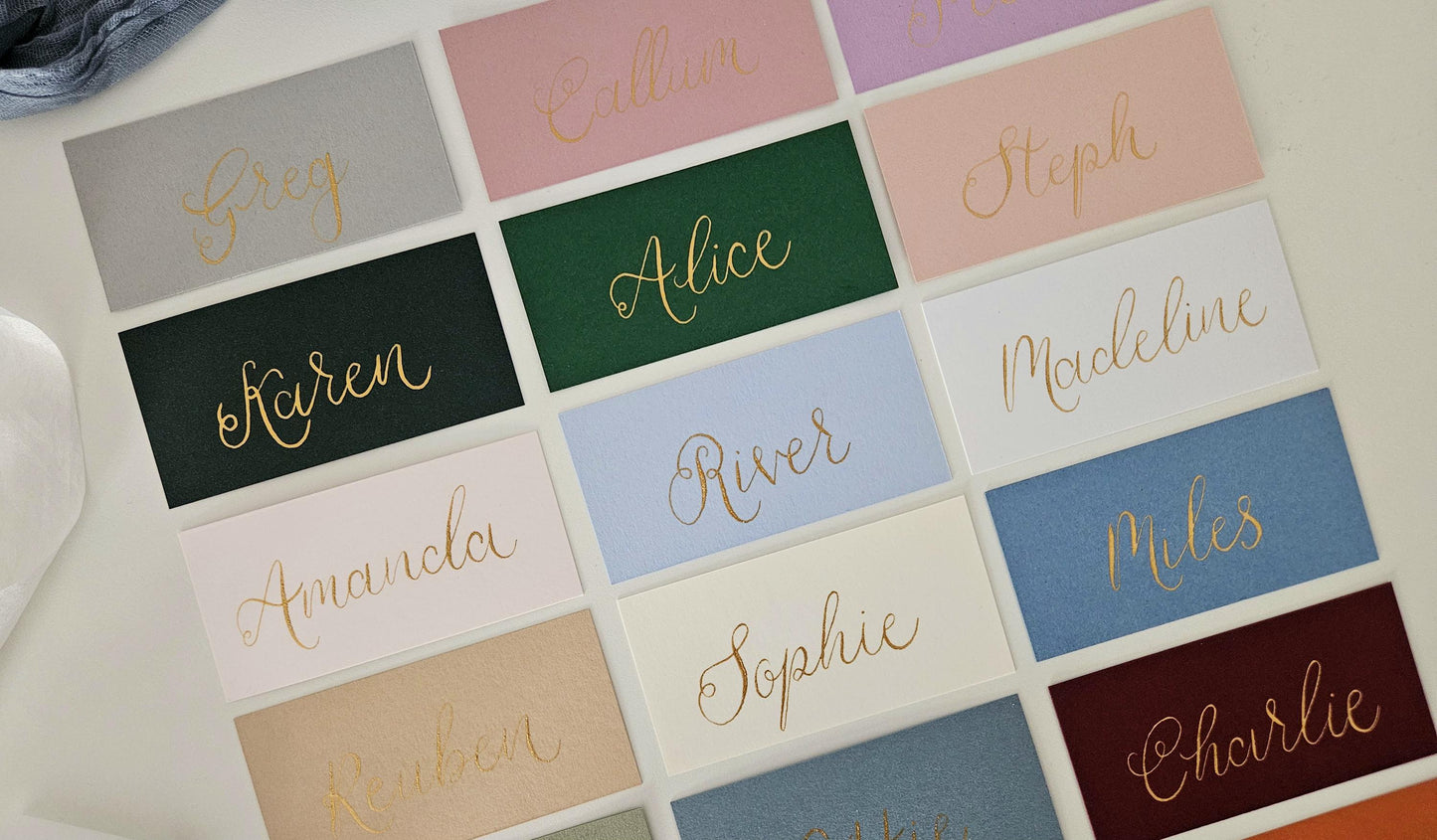 Handwritten Coloured Flat Place Names | Gold, Blush Pink, Blue, Green Wedding Place Cards | Gold Ink Calligraphy | Seating Plan | Wedding
