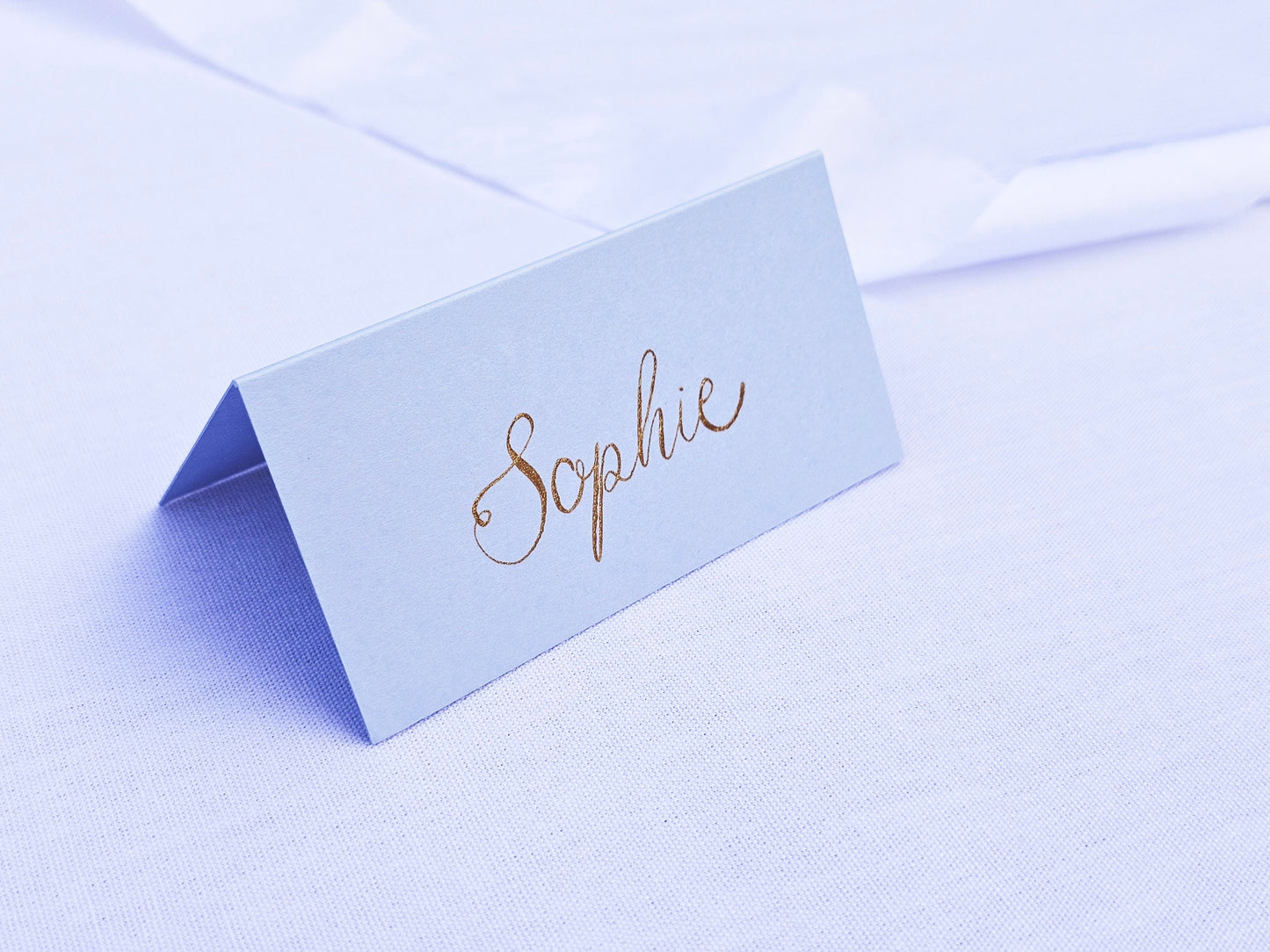 Light Blue Wedding Place Names | Baby Blue Tented Place Names | Gold Ink Pastel Blue Wedding Place Cards | Handwritten Calligraphy
