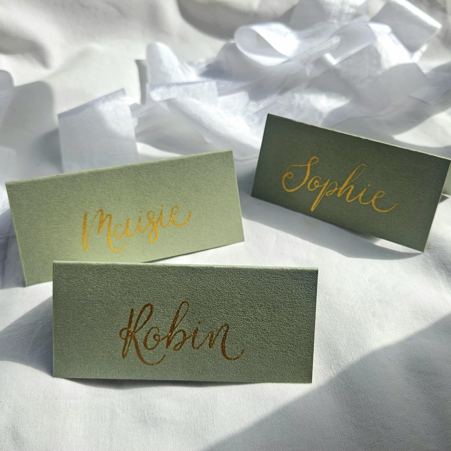 Handwritten Sage Green Place Cards | Gold Ink Tented Wedding Name Cards | Handwritten Calligraphy | Wedding | Place Names | Seating Plan