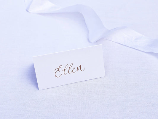 Handwritten White Place Cards | Gold Ink Tented Wedding Place Names | Handwritten Calligraphy Name Cards | Seating Plan