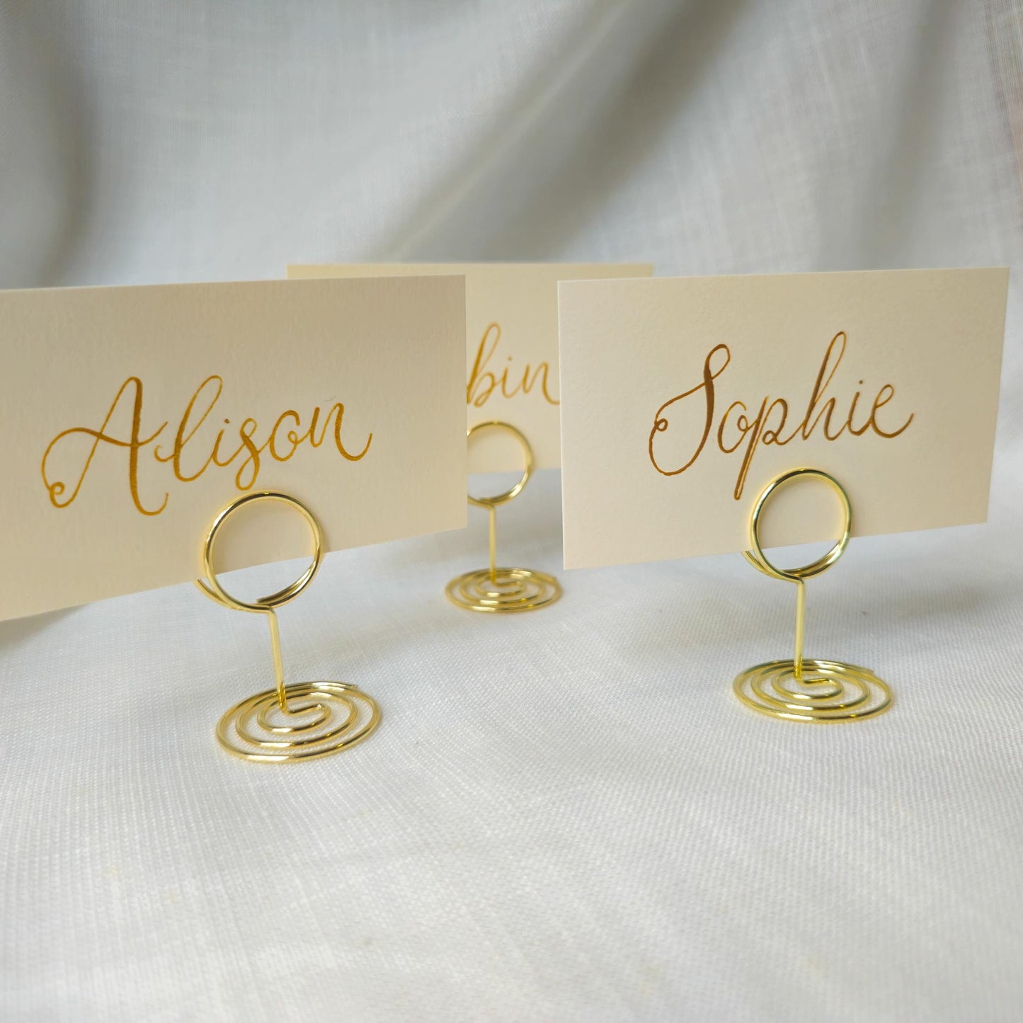 Gold Place Card with Holder: Ivory Calligraphy Wedding Table Decor